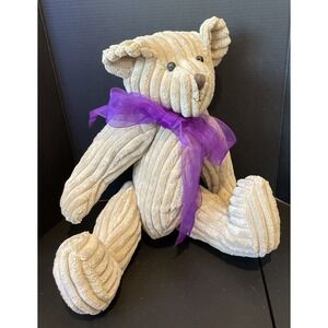 Brown Corduroy Teddy Bear Plush Stuffed Animal Purple Bow Articulated Joints Toy